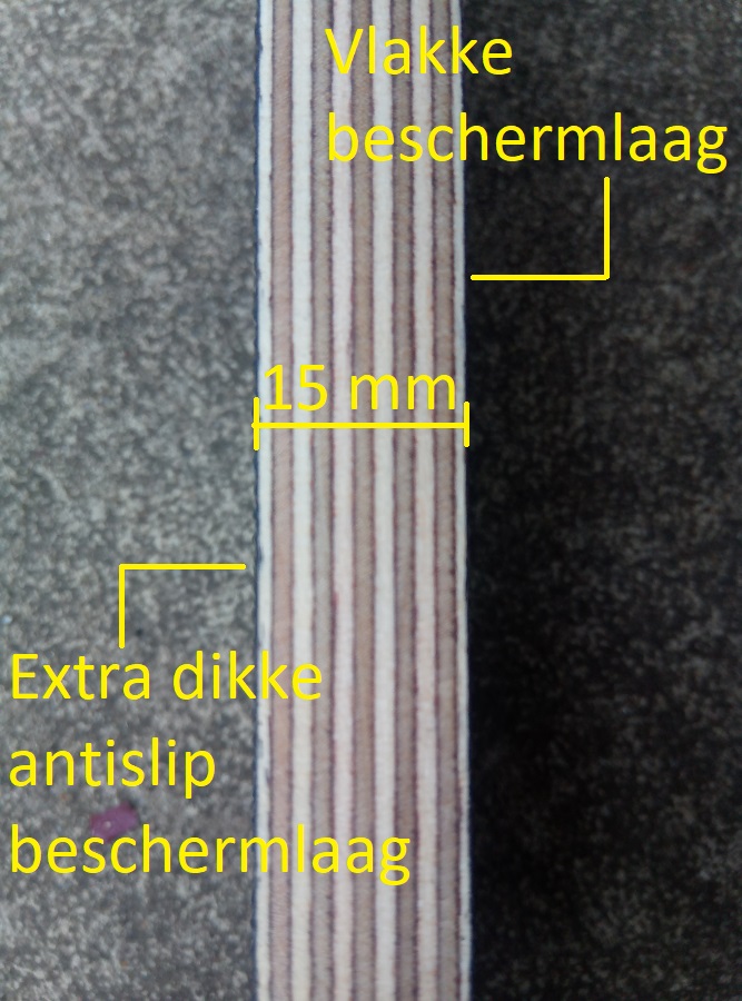 doorsnede houten bodemplaat 15 mm dik met antisliplaag